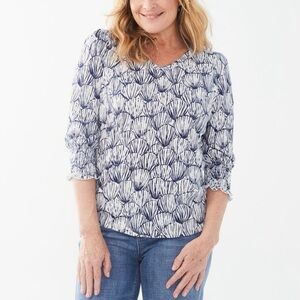 FDJ Seashell Print V-Neck Top Navy White Smocked Cuff Lightweight Blouse Small